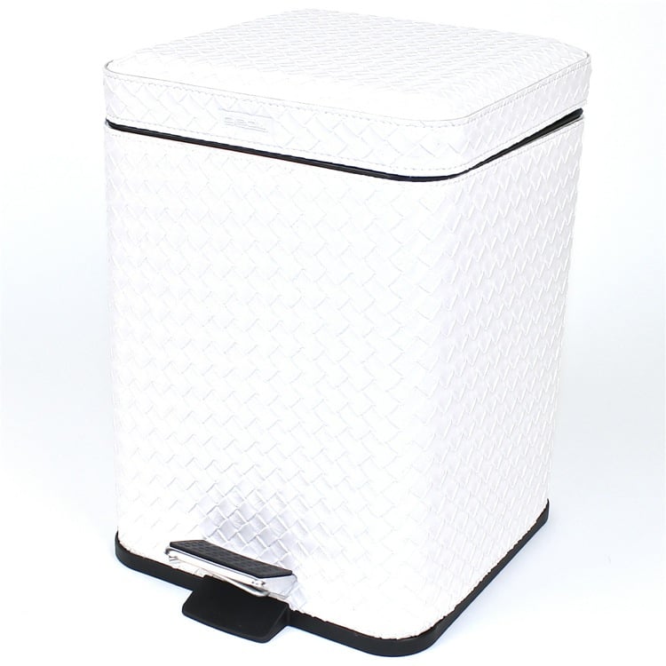 Waste Basket, Gedy 6729-42, Square Pearl White Faux Leather Waste Bin With Pedal